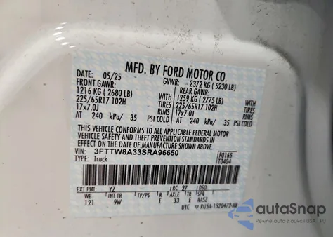 2025 Ford Maverick Xl z USA, uszkodzony, nr VIN 3FTTW8A33SRA96650